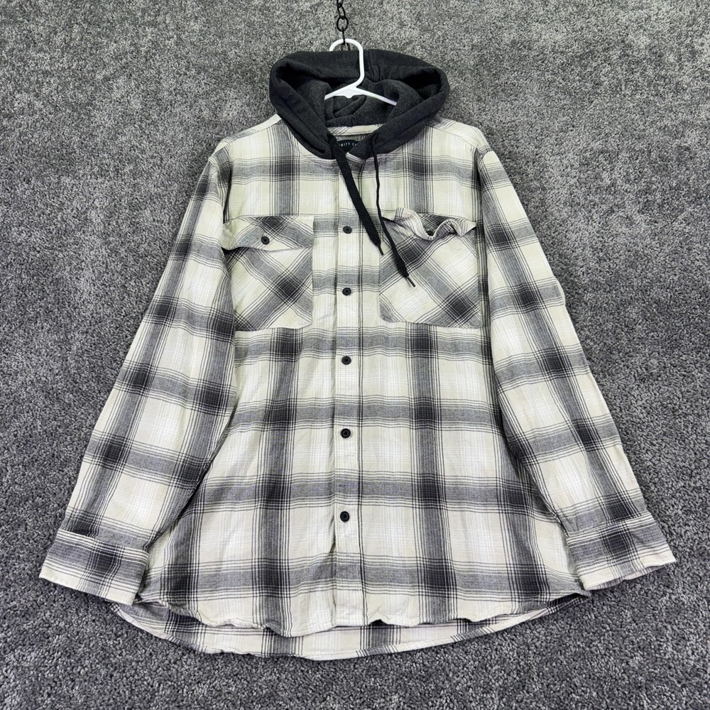 Trinity Coast Shirt Mens Large Gray Plaid Long Sleeve Hooded Flannel Casual